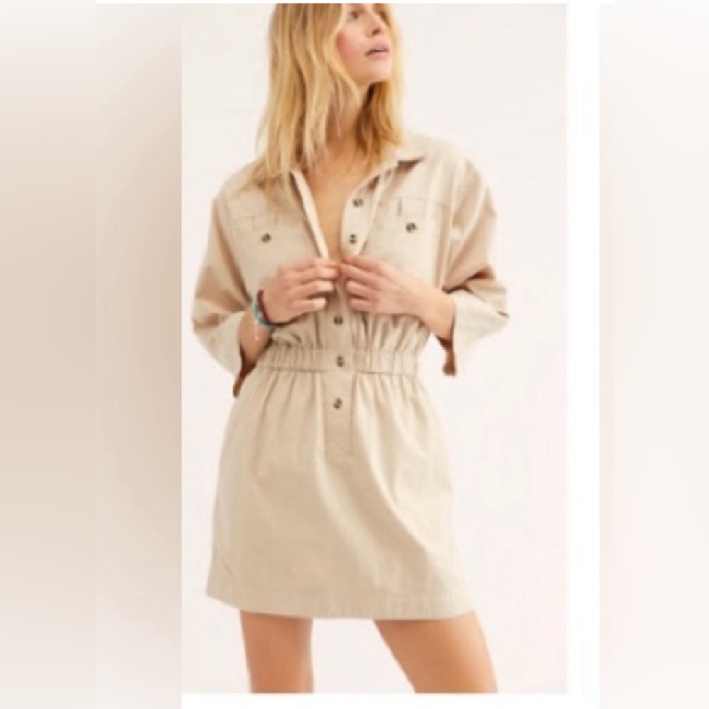 Free People Safari 🦒 Cinched Waist Mini Dress Taupe Tan Cotton Denim xl shirt